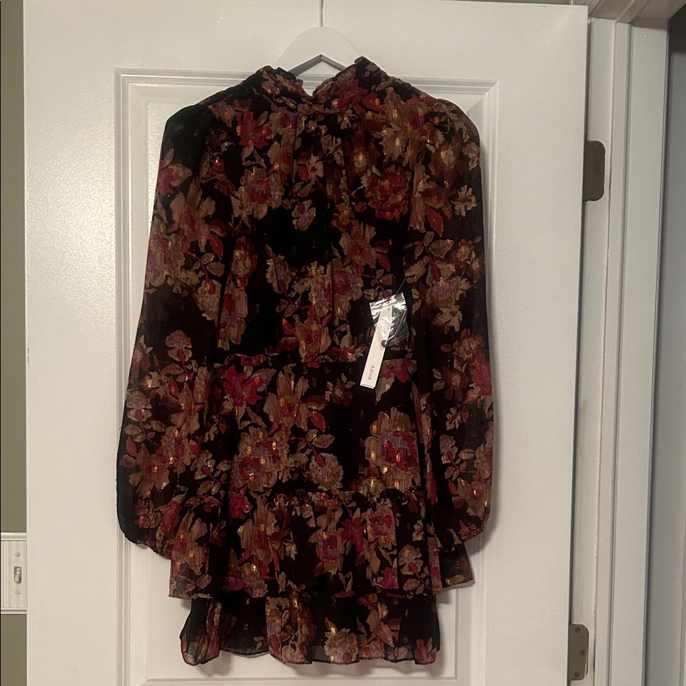 Aqua Floral Sheer Sleeve Dress